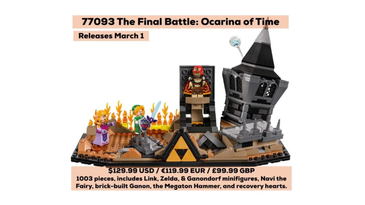 Lego The Legend of Zelda: Ocarina of Time The Final Battle set featuring Link, Zelda, and Ganondorf minifigures on a Hyrule Castle rooftop.