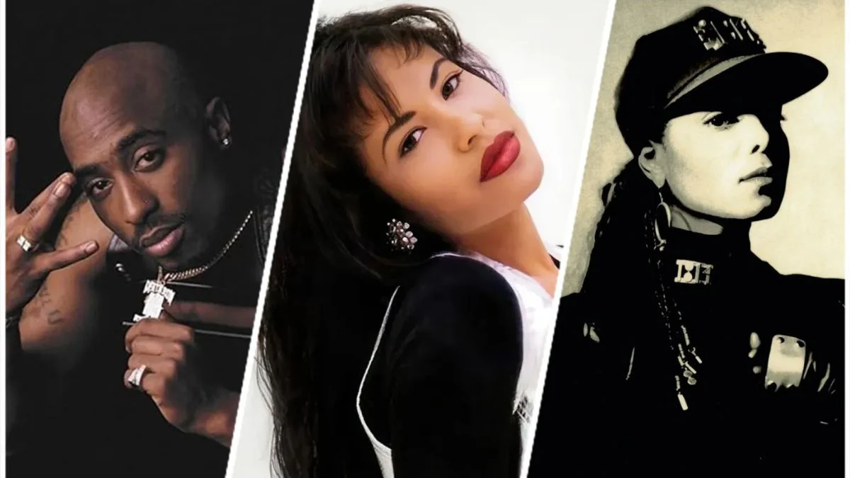 Portraits of 2Pac, Selena, and Janet Jackson, three iconic artists whose albums All Eyez on Me, Amor Prohibido, and Rhythm Nation 1814 were inducted into the 2026 Grammy Hall of Fame.