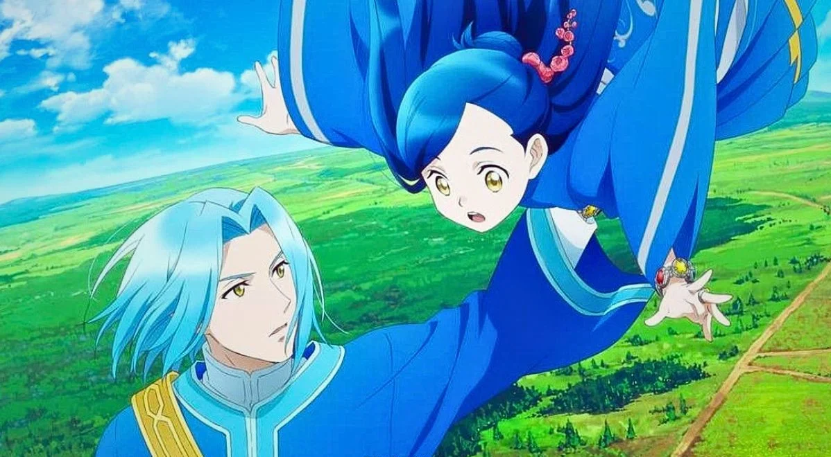 Myne and Ferdinand flying over the landscape in Ascendance of a Bookworm anime.