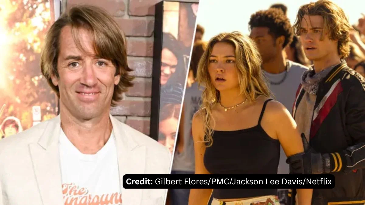 A split-screen image showing Outer Banks creator Jonas Pate on the left and actors Madelyn Cline and Chase Stokes on set on the right.