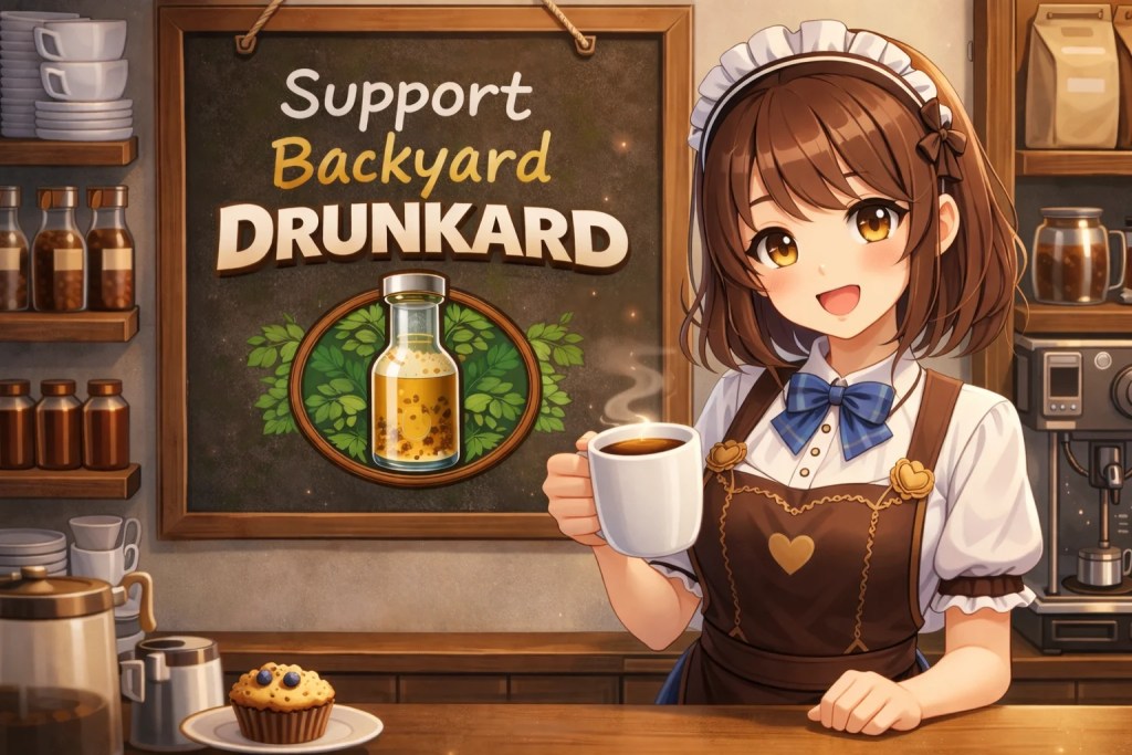 Anime-style barista holding a steaming cup of coffee in a cozy cafe with a chalkboard reading "Support Backyard Drunkard".