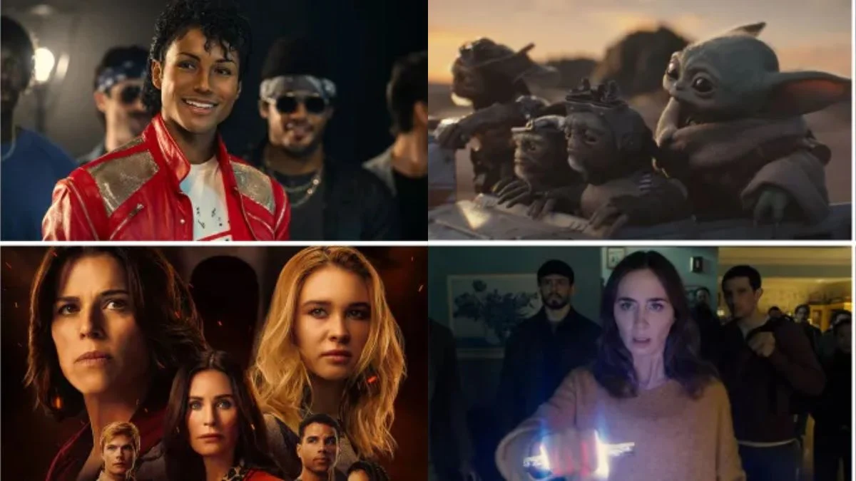 A collage of four Super Bowl LX 2026 highlights including a Michael Jackson themed ad, The Mandalorian and Grogu movie trailer, the Scream 7 cast, and Emily Blunt in Steven Spielberg’s Disclosure Day.