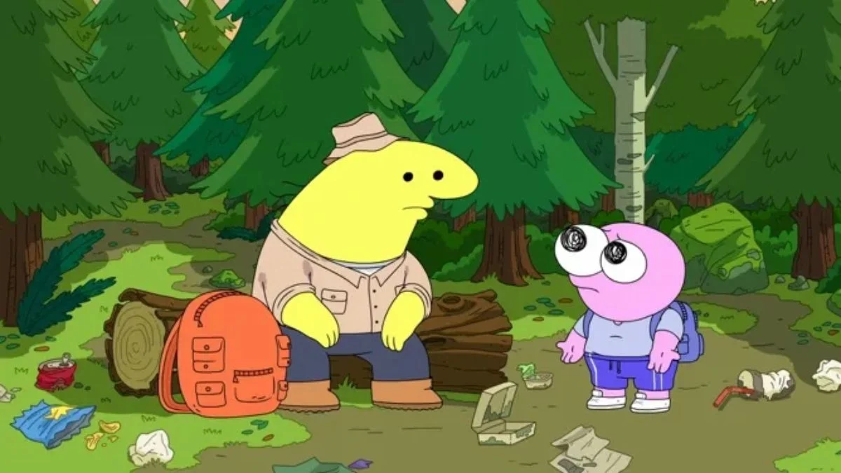 Charlie and Pim from Smiling Friends sitting on a log in a forest surrounded by trash, representing the show's unique animation style.