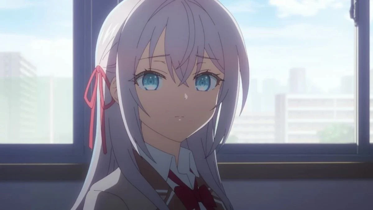 Close-up of Alya (Alisa Mikhailovna Kujou) with silver hair and blue eyes looking thoughtful in a classroom.