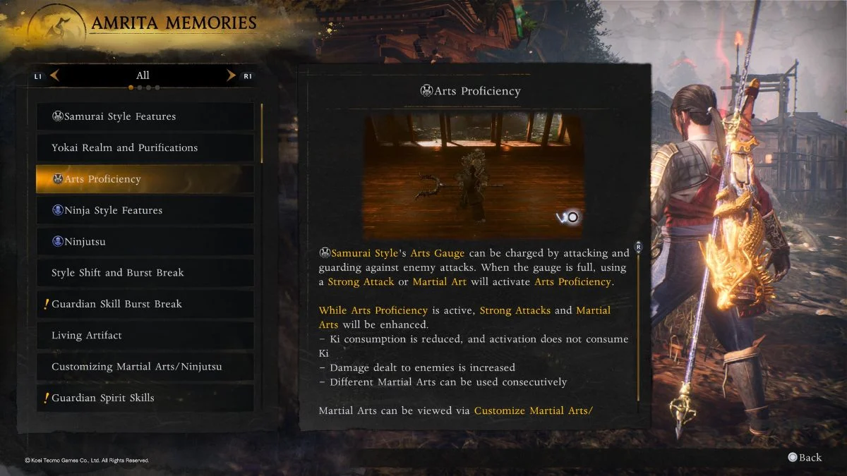 The Amrita Memories tutorial screen in Nioh 3 explaining how to charge and activate the Arts Proficiency gauge.