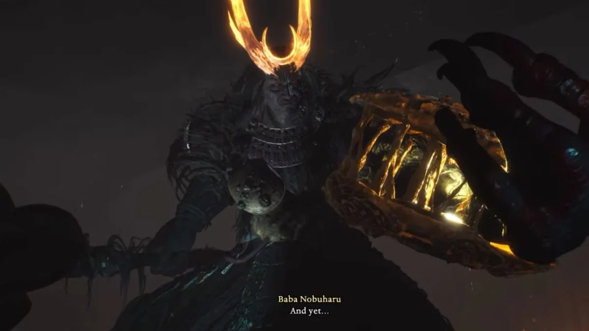 Baba Nobuharu boss wielding a massive axe in the Nioh 3 Futamata Castle arena.