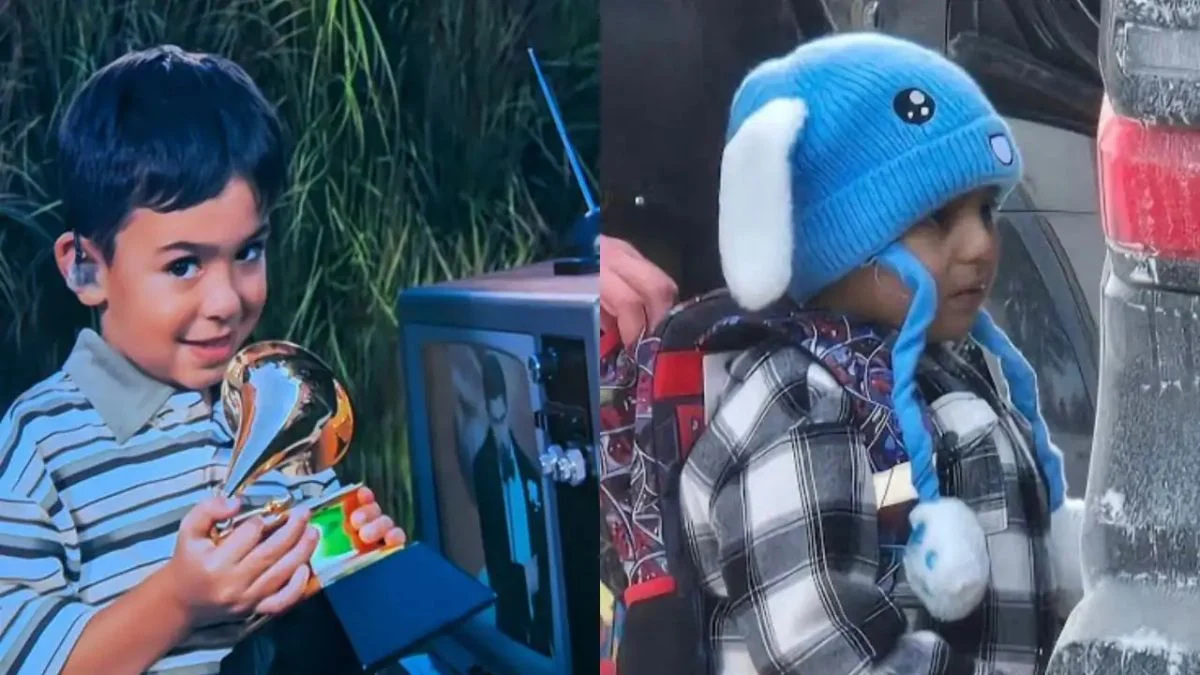 Side-by-side comparison of Liam Conejo Ramos in a blue bunny hat and child actor Lincoln Fox at the Super Bowl.