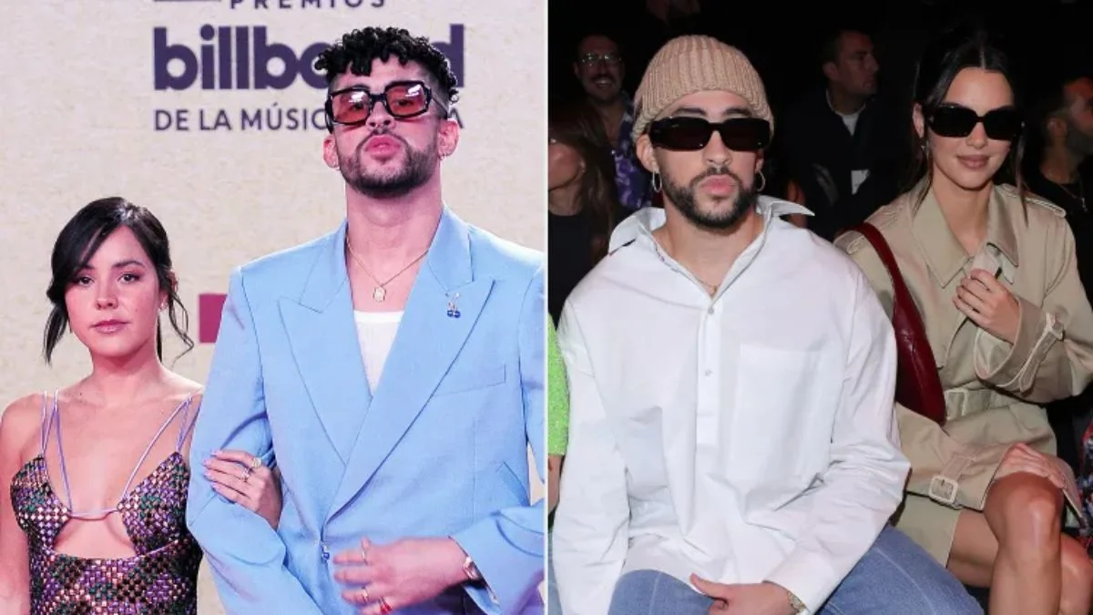 Side-by-side images of Bad Bunny with Gabriela Berlingeri and Kendall Jenner.