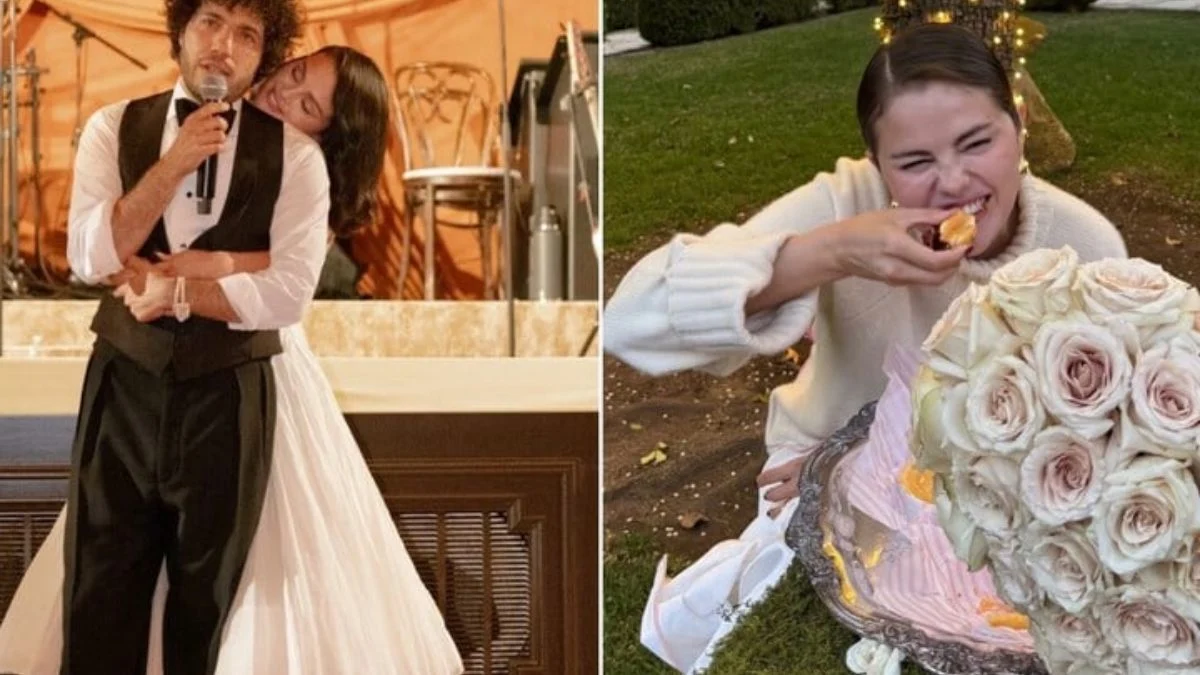 Side-by-side photos of Benny Blanco and Selena Gomez during their first Valentine's Day 2026, featuring a hot dog stand and Selena eating.