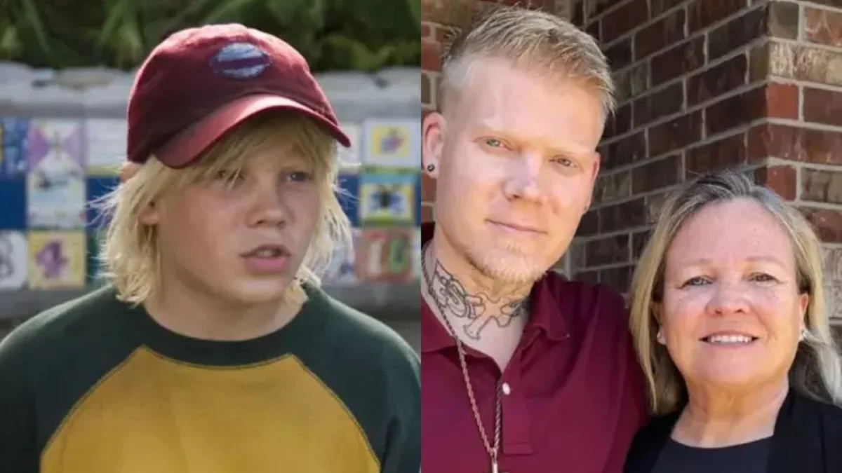 A side-by-side photo of child actor Blake Garrett as "Plug" in How to Eat Fried Worms and an adult photo of him with his mother Carol Garrett.