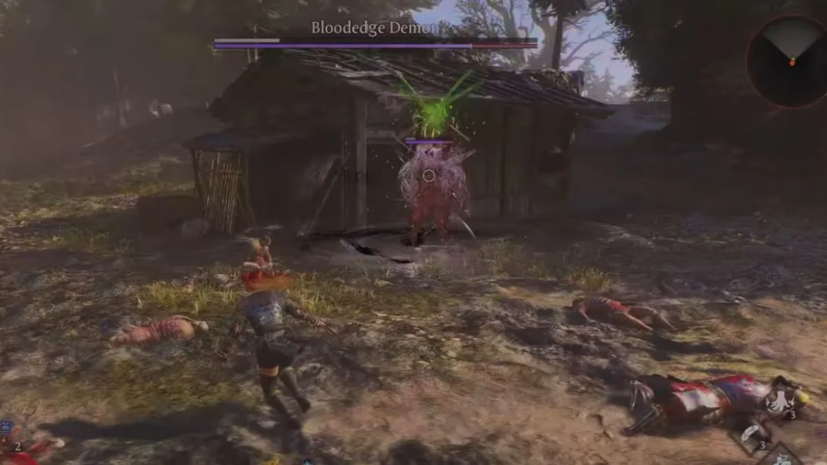 A player engaging the Bloodedge Demon near a wooden hut, with several defeated Revenant bodies on the ground.