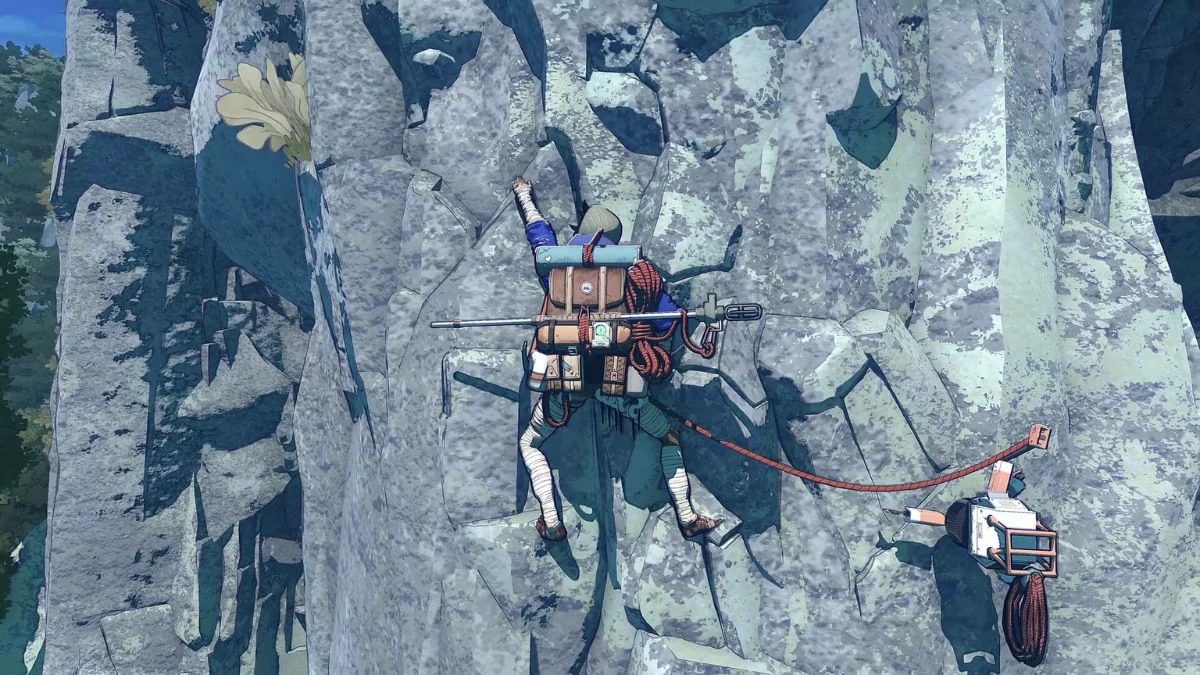 A climber in a blue jacket using ropes and anchors to scale a steep rock face in the game Cairn.