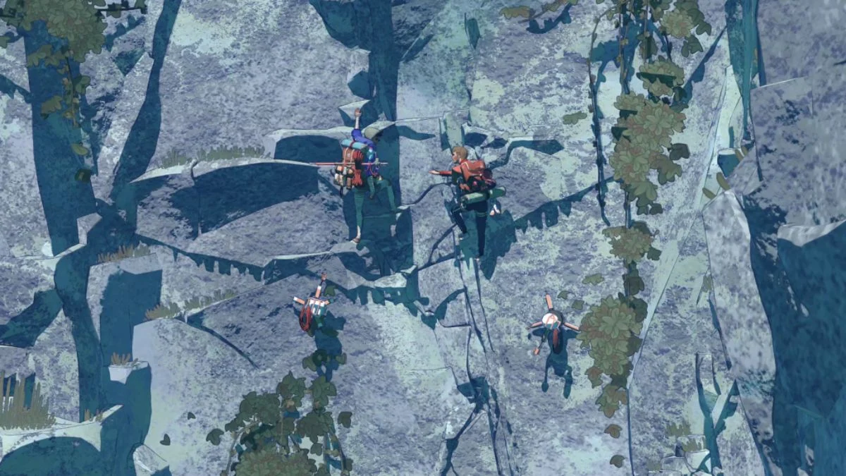 Two climbers ascending a steep, sunlit cliffside in the game Cairn, showcasing the scale of the environment.