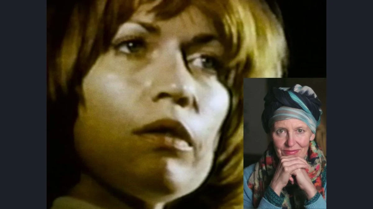 A side-by-side comparison of actress Camilla Carr in a 1970s horror film role and a later portrait.