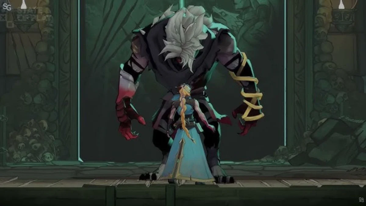 A blonde warrior with a long braid facing a massive grey-furred werewolf boss in a gothic hall.
