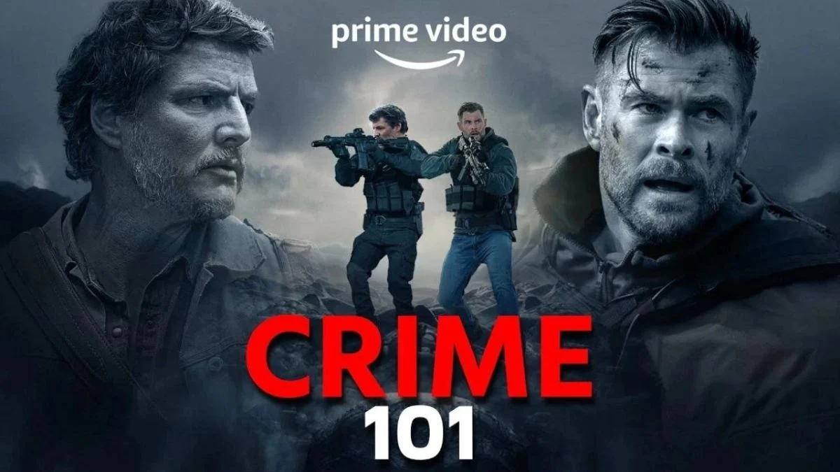 Movie poster for Crime 101 featuring Chris Hemsworth and Mark Ruffalo in tactical gear alongside close-up portraits of the lead actors.