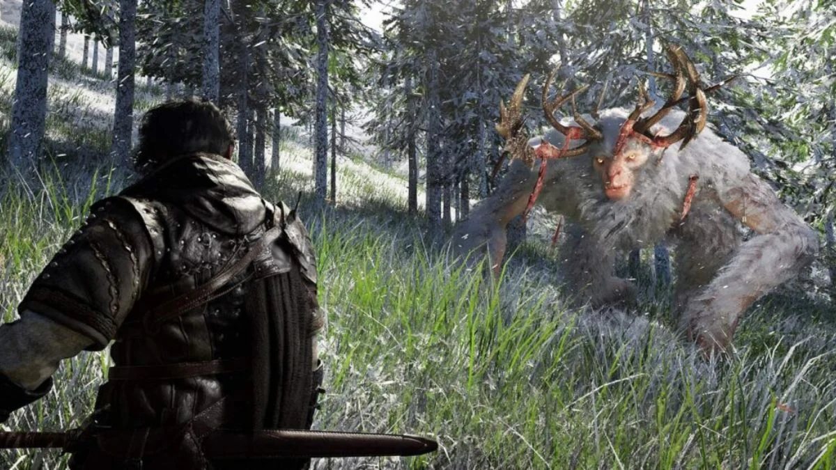 Official gameplay screenshot of Crimson Desert showing the protagonist Kliff exploring a misty open-world forest.