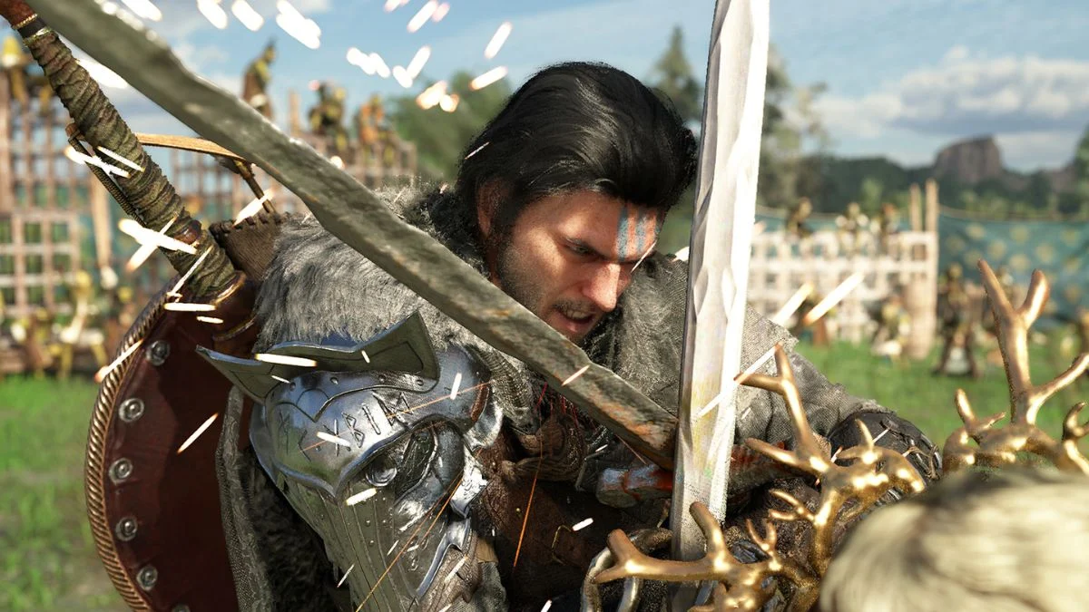 Close-up of Kliff in heavy armor clashing swords with an enemy as sparks fly.