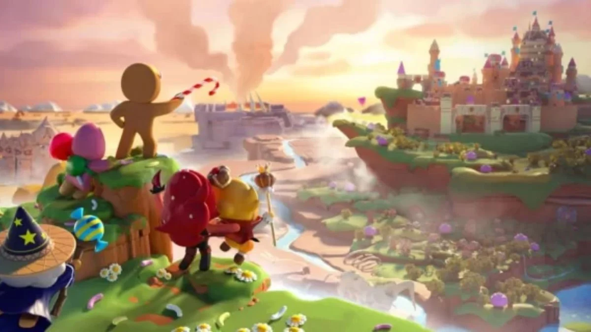Cookie characters GingerBrave and Strawberry Cookie looking at the Cookie Run Kingdom castle at sunset.