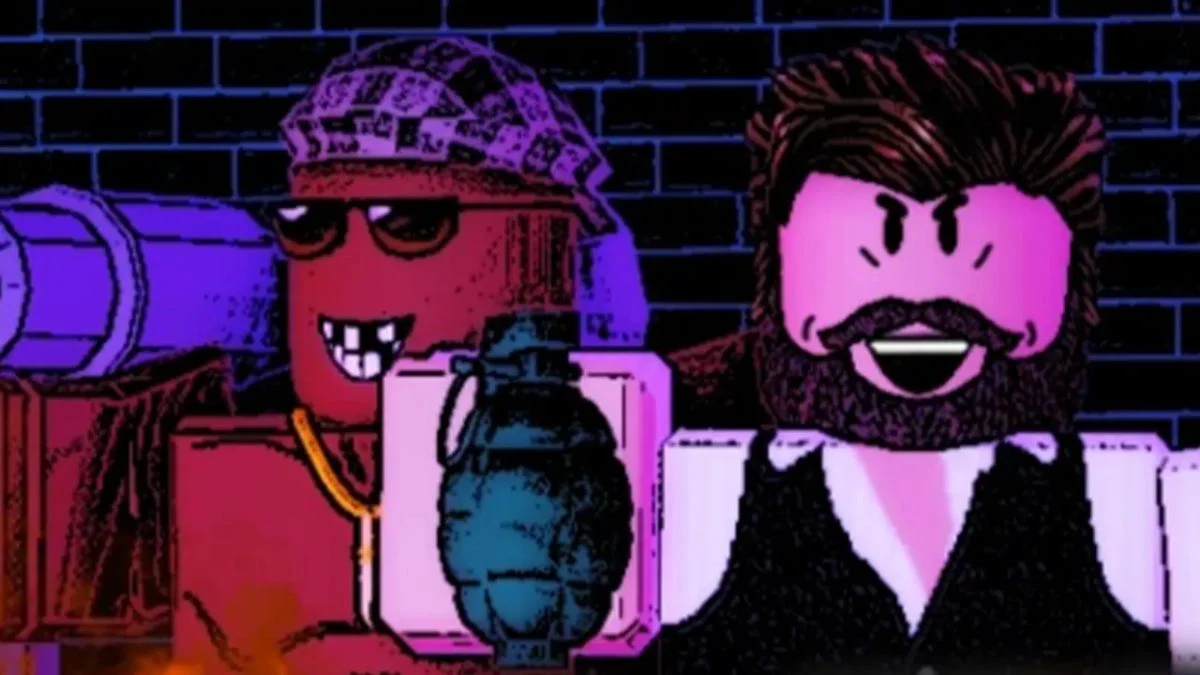 Roblox characters in Da Hood stylized art featuring a criminal with a grenade and sunglasses.