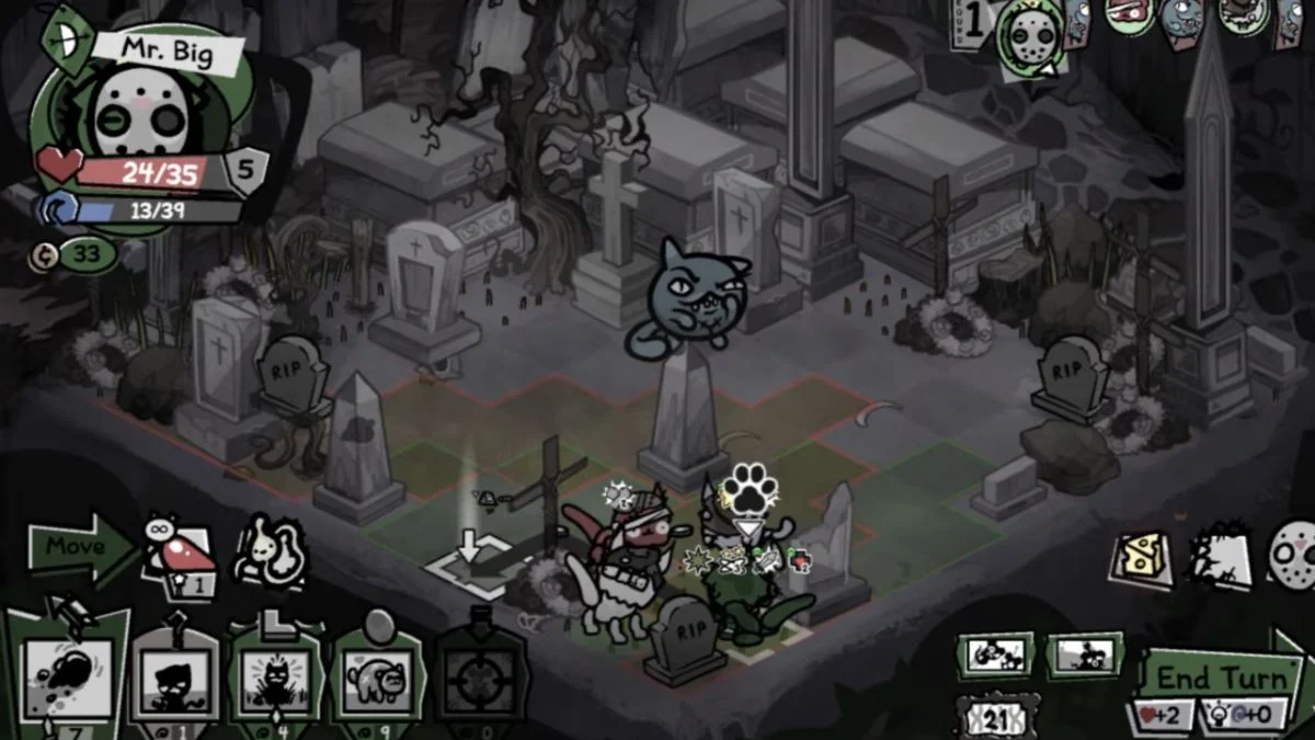 Mewgenics combat screen featuring cat units positioned around gravestones in the Boneyard.