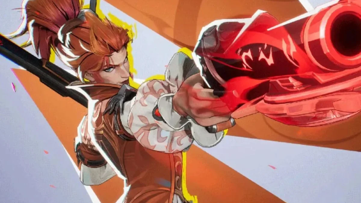 Elsa Bloodstone in Marvel Rivals aiming a glowing red high-tech shotgun at the camera.