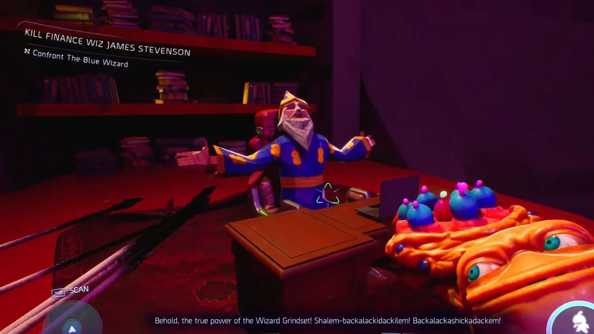 The Finance Wiz James Stevenson sitting at a desk in a library, wearing blue wizard robes with dollar signs, performing a "Wizard Grindset" spell.
