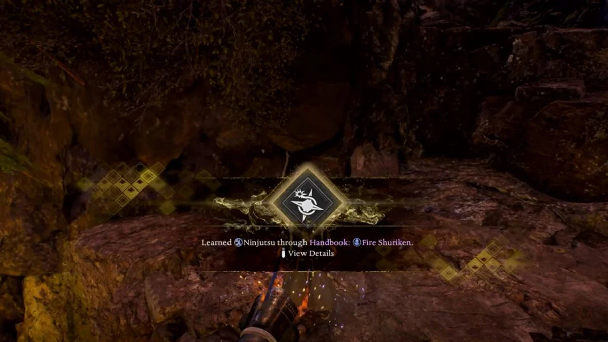 Nioh 3 "Learned Ninjutsu through Handbook: Fire Shuriken" notification on screen.