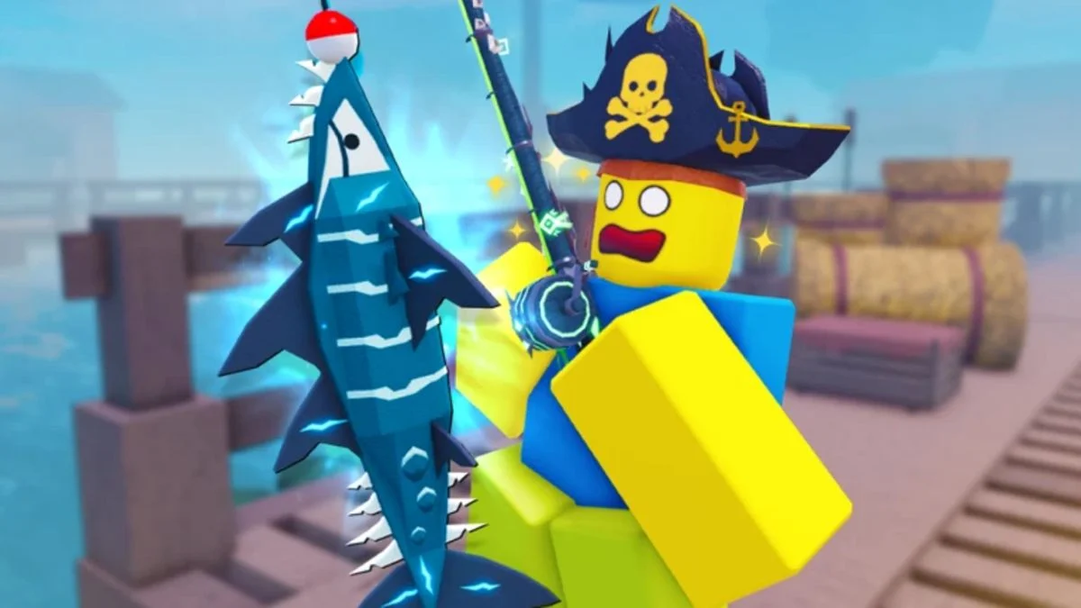 A Roblox Fisch player wearing a pirate hat holding a legendary glowing blue fish on a fishing rod.