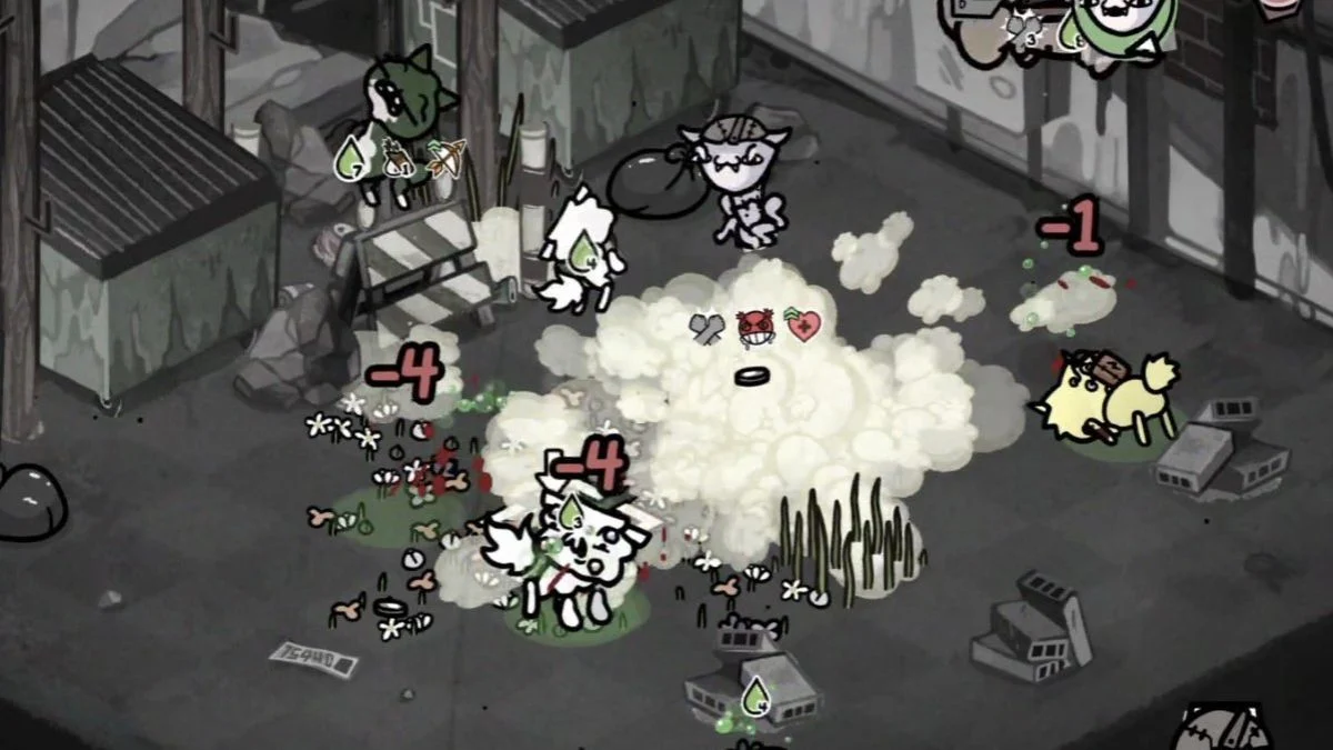 A screenshot of Mewgenics gameplay showing a cat using the Forbidden Fart ability, creating a large white cloud that damages and knocks back multiple enemies.