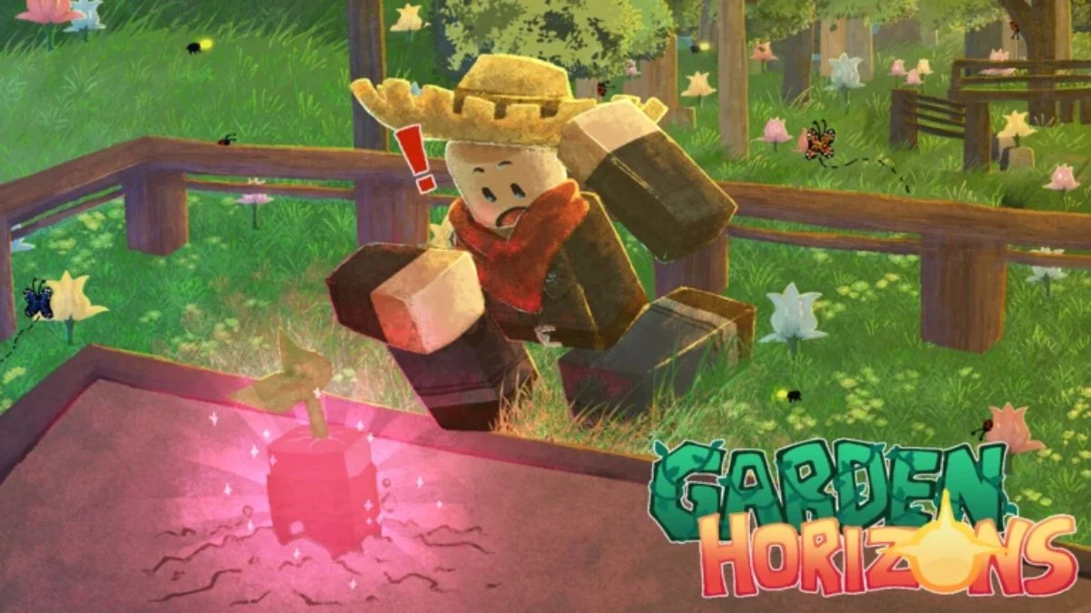 Roblox character in a straw hat and red scarf startled by a glowing pink plant in a lush garden setting.