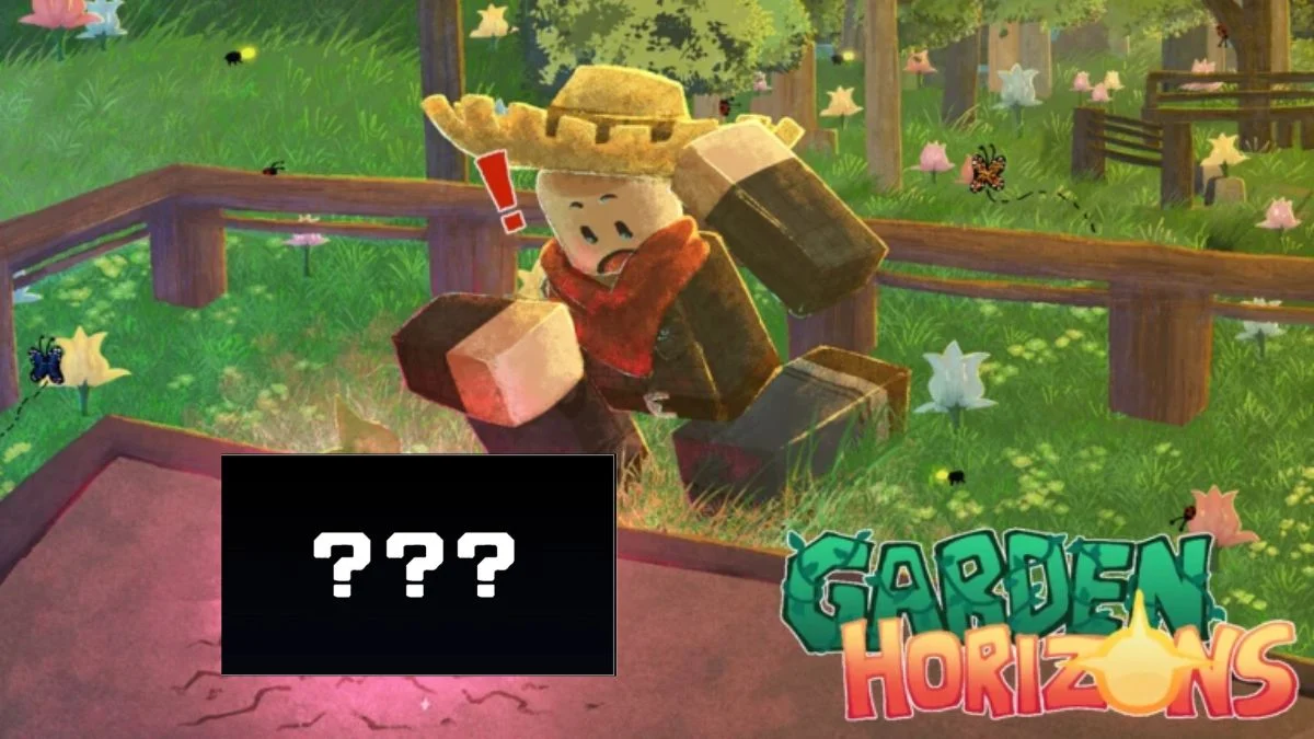 Garden Horizons Roblox character in a field with an exclamation mark and a mysterious black box with question marks.