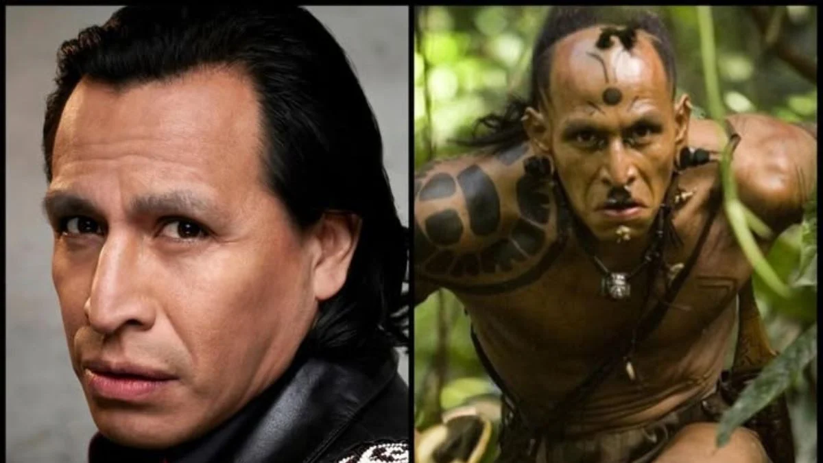 Side-by-side portrait of Gerardo Taracena and his character Middle Eye from the movie Apocalypto.