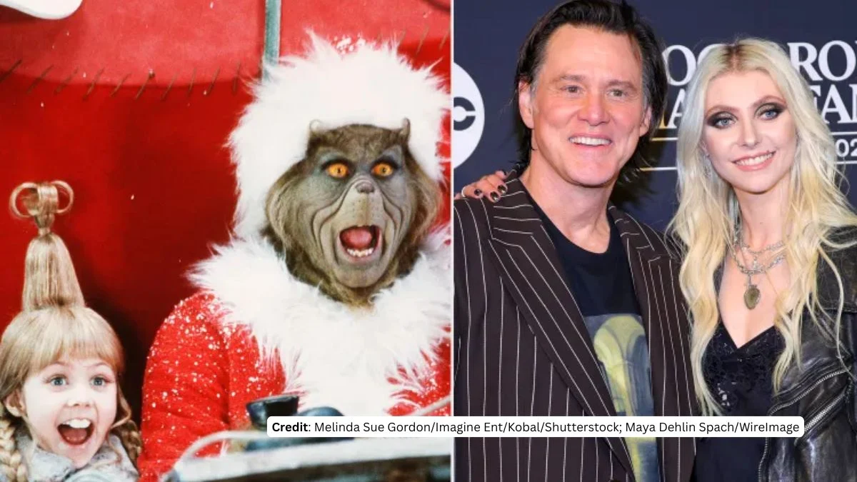 Side-by-side comparison of Taylor Momsen and Jim Carrey in the 2000 film How the Grinch Stole Christmas versus their 2025 reunion.