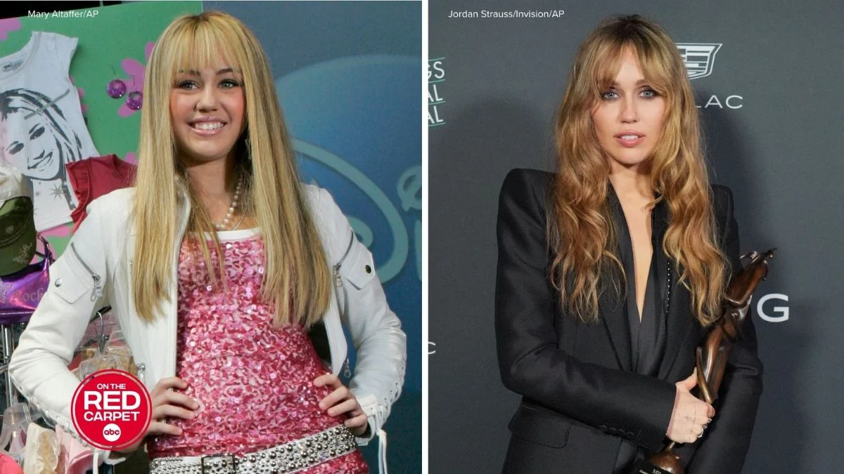 Side-by-side comparison of Miley Cyrus as Hannah Montana in 2006 wearing a pink sequin top and white jacket versus Miley Cyrus in 2024 as a Disney Legend in a black suit.