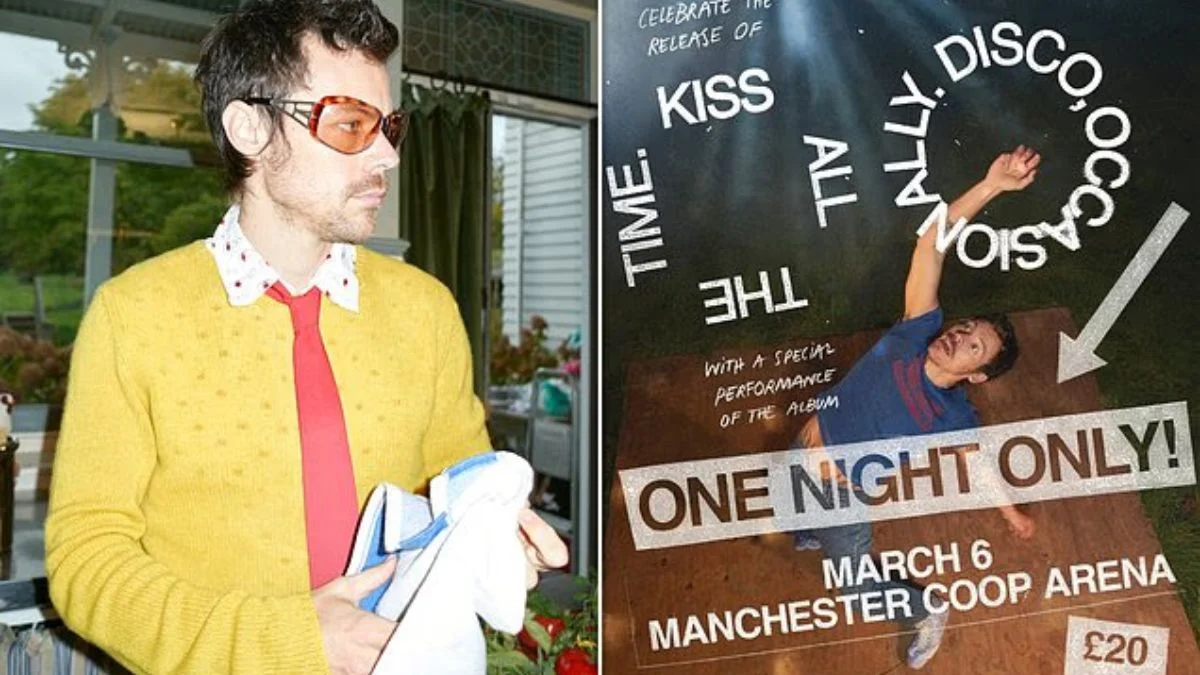 Split image of Harry Styles wearing yellow knitwear and sunglasses next to a "One Night Only" Manchester concert poster with a £20 ticket price.