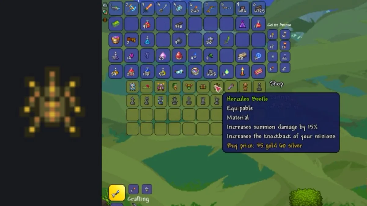 The Witch Doctor NPC selling the Hercules Beetle for 40 gold in a Jungle biome house.