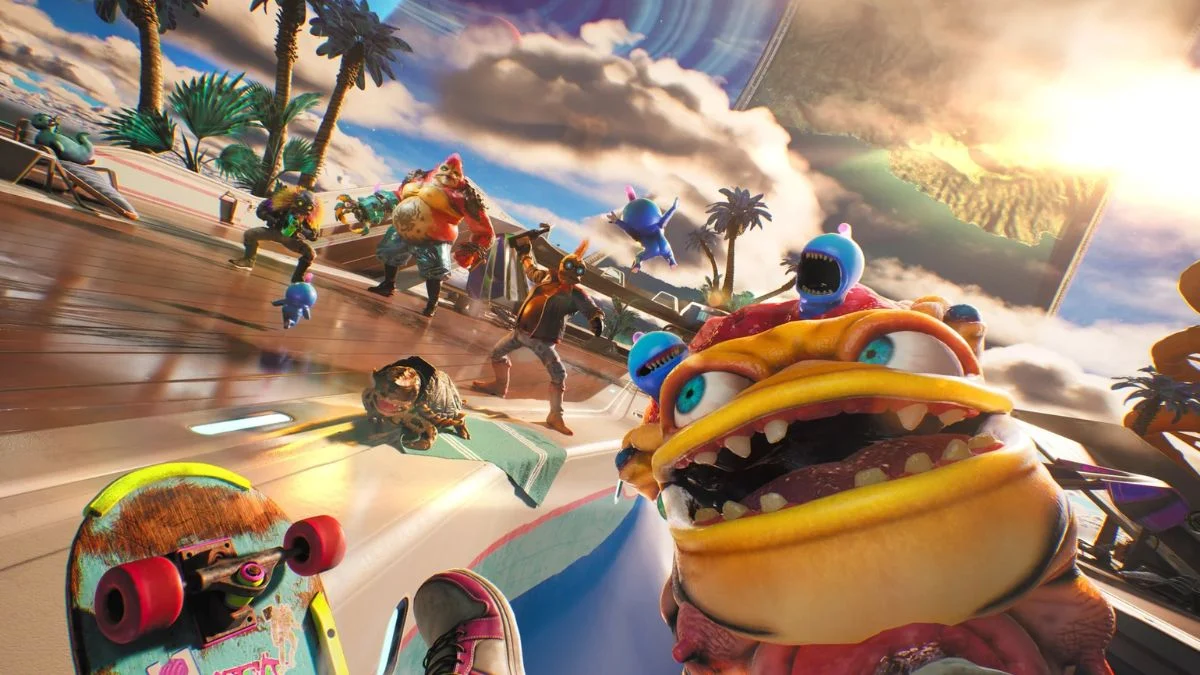 High on Life 2 player using a skateboard to traverse the neon-lit Circuit Arcadia hub world.