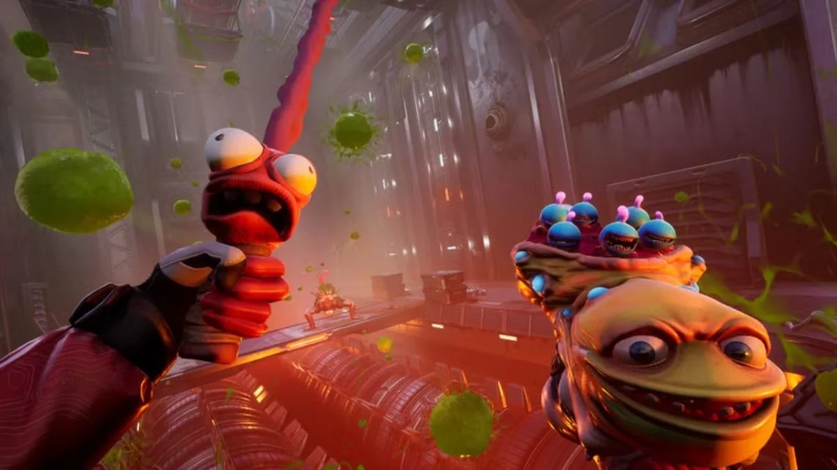 High on Life 2 PS5 gameplay showcasing the neon-lit Circuit Arcadia hub with the new skateboard traversal mechanic.