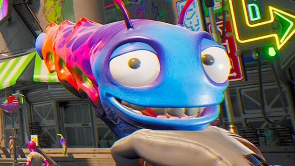 A close-up shot of Kenny, the blue talking pistol from High on Life, with a colorful alien city background.