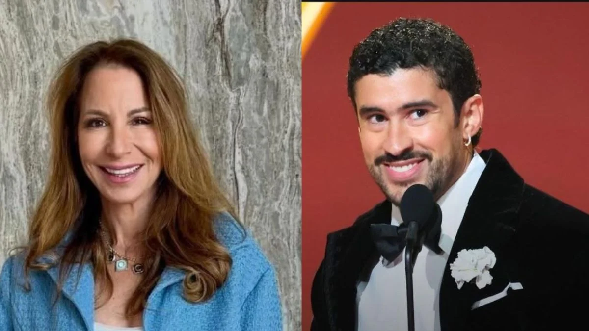 A side-by-side comparison of Jill Zarin in a blue jacket and Bad Bunny smiling during a public appearance.
