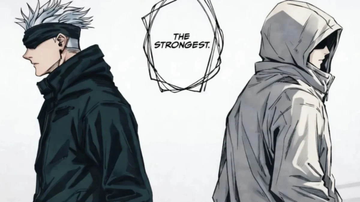 Anime-style artwork featuring Satoru Gojo and Yuta Okkotsu from Jujutsu Kaisen with the text 'THE STRONGEST' between them.