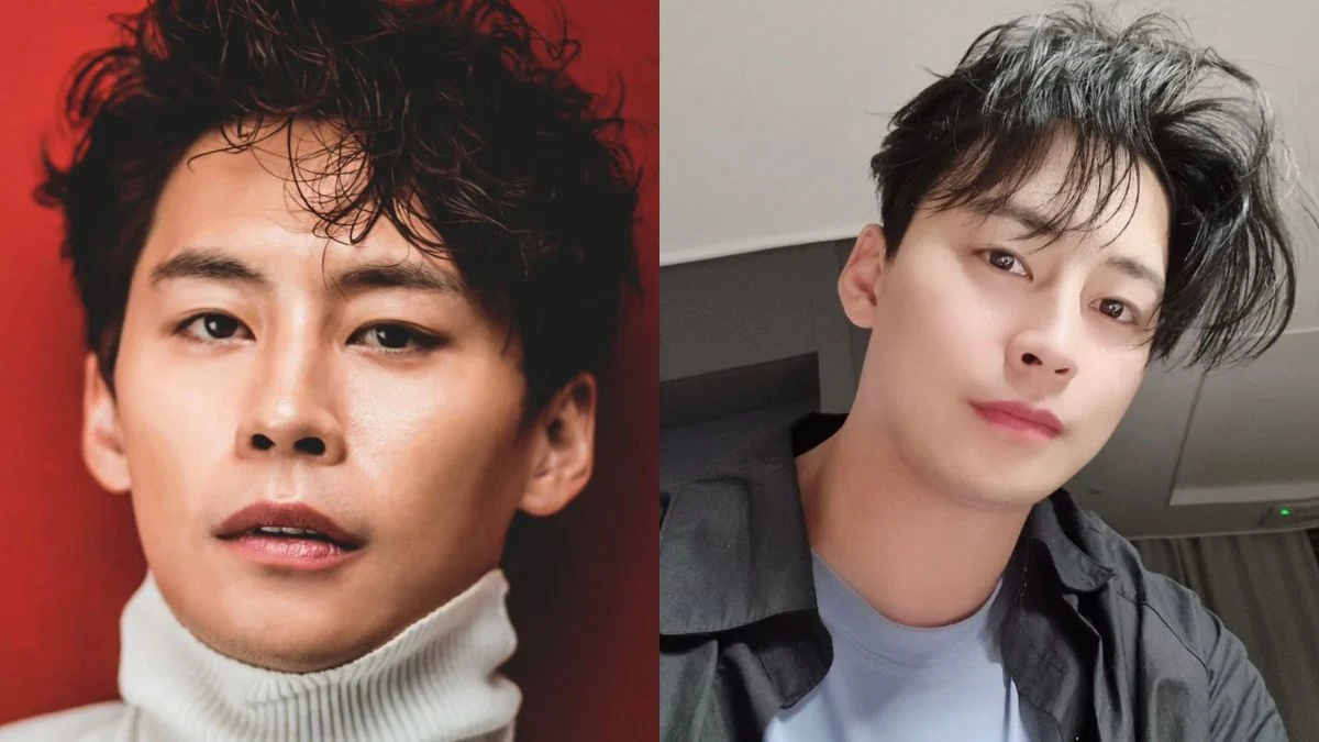Two side-by-side portraits of late South Korean actor Jung Eun-woo (Jeong Dong-jin); the left image shows him with curly hair against a red background, and the right is a close-up selfie in a casual black shirt.
