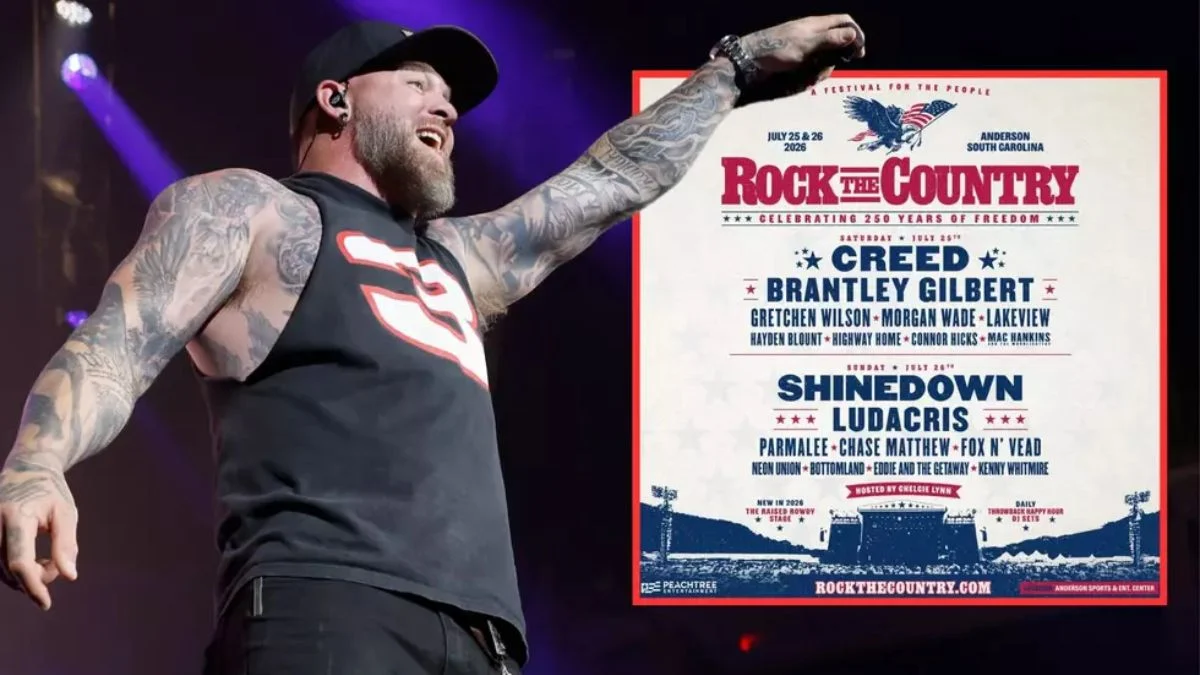 Country artist Brantley Gilbert performing next to the Rock The Country 2026 Anderson SC festival lineup poster.
