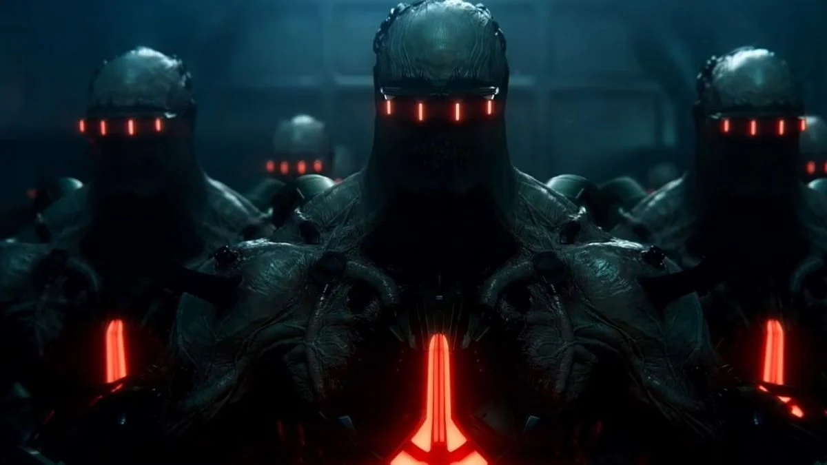 A group of menacing cybernetic Zeds with glowing red visors from Killing Floor 3.