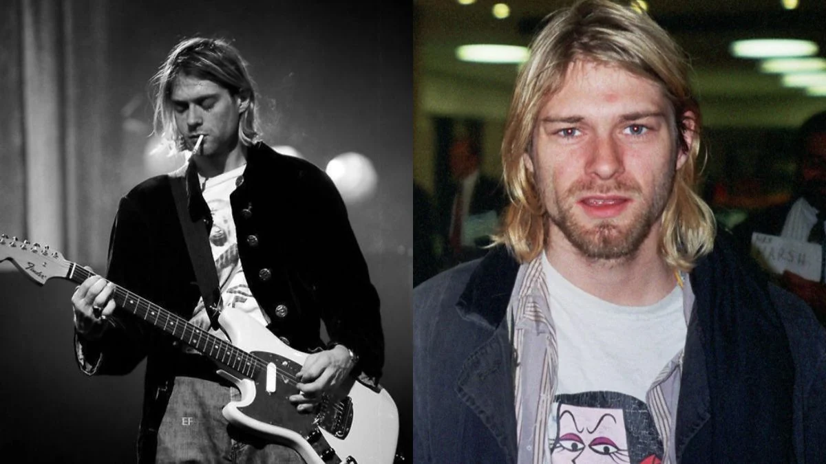 Side-by-side comparison of Kurt Cobain playing a Fender Mustang guitar and a close-up portrait of the Nirvana singer.