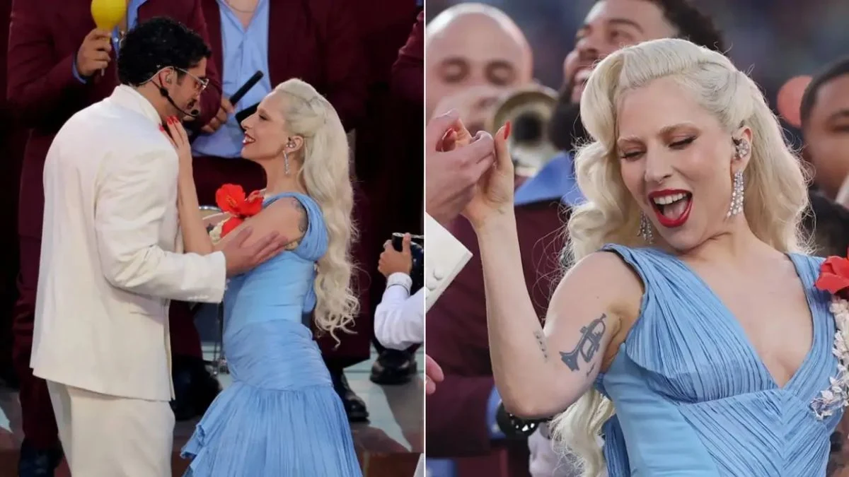 Lady Gaga in a blue dress dancing salsa with Bad Bunny in a white suit on the Super Bowl LX stage.