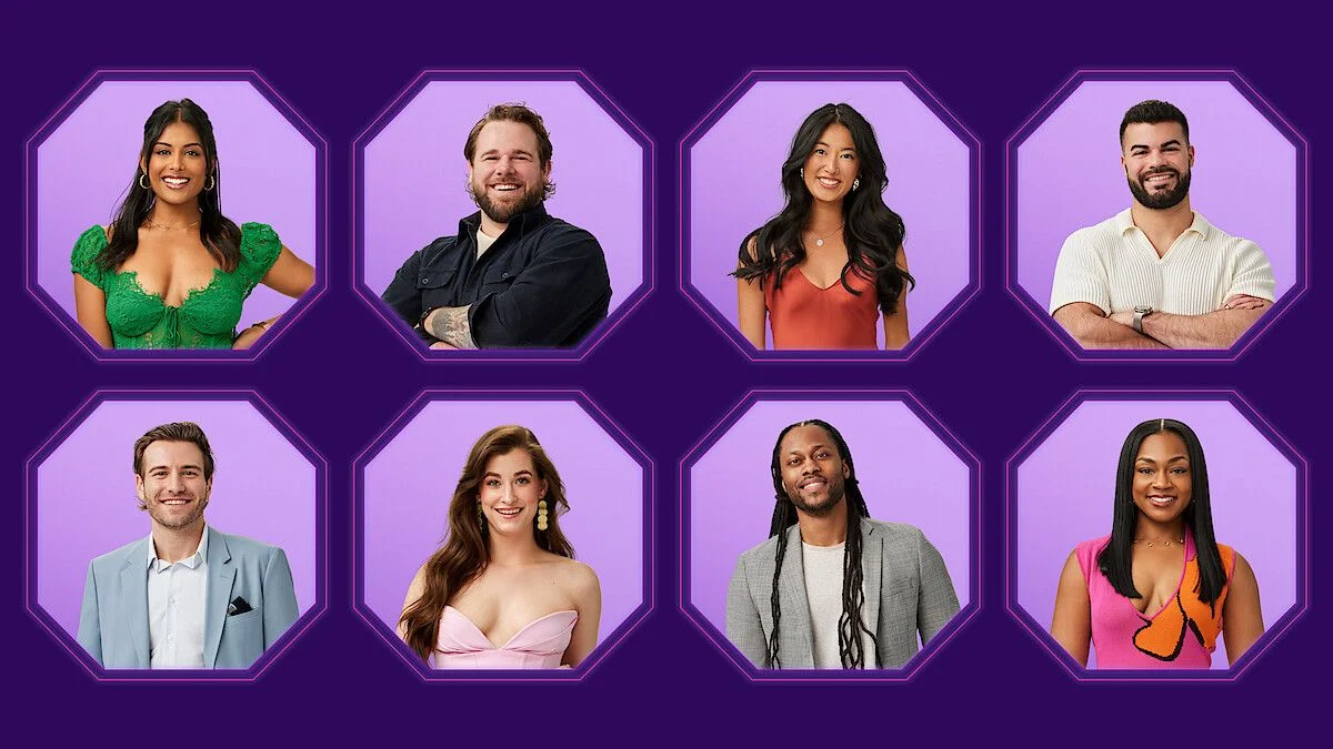A collage of eight Love Is Blind Season 10 cast members from Ohio, featuring four women and four men in individual purple octagonal frames.