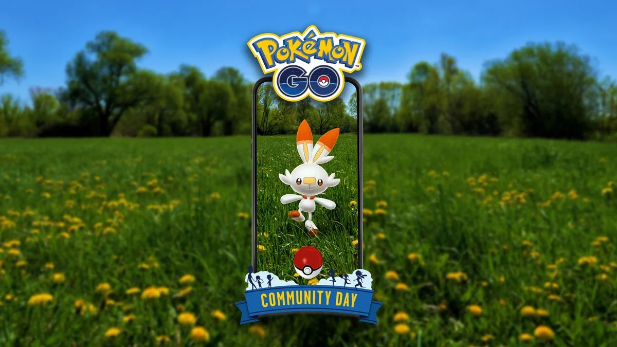 A smartphone displaying Scorbunny in AR mode over a sunny green field with yellow wildflowers for Pokémon GO Community Day March 2026.
