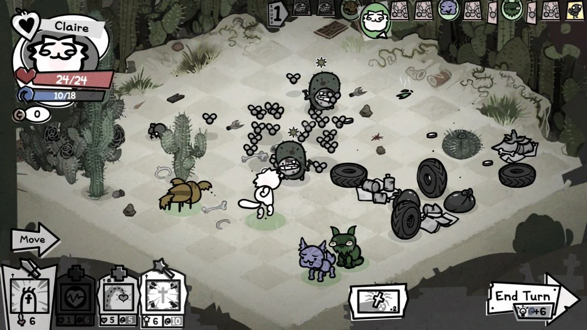 Mewgenics gameplay showing tactical turn-based combat with four cats fighting cactus-like enemies in a grid-based arena.